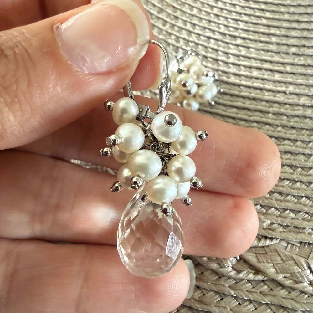 Sterling Silver Faceted Rock Crystal Quartz and Pearl Cluster Drop Earrings - Picture 6 of 6